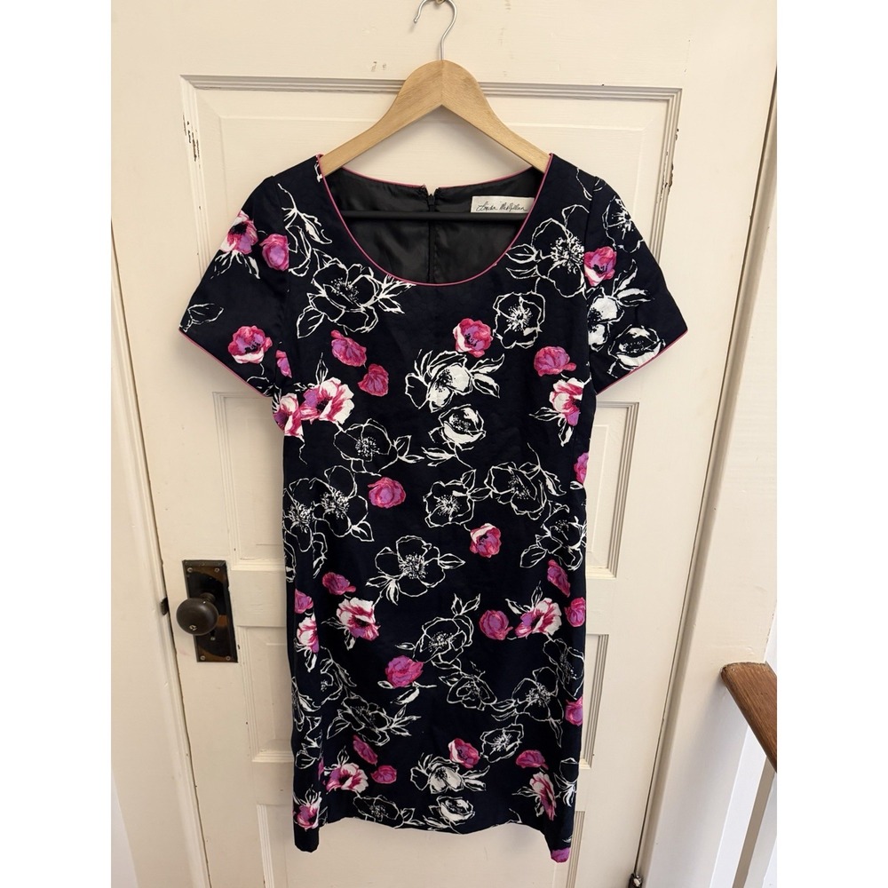 Linda‎ McMillan Vintage Women's Black Floral Sheath Dress Short Sleeve Size 10